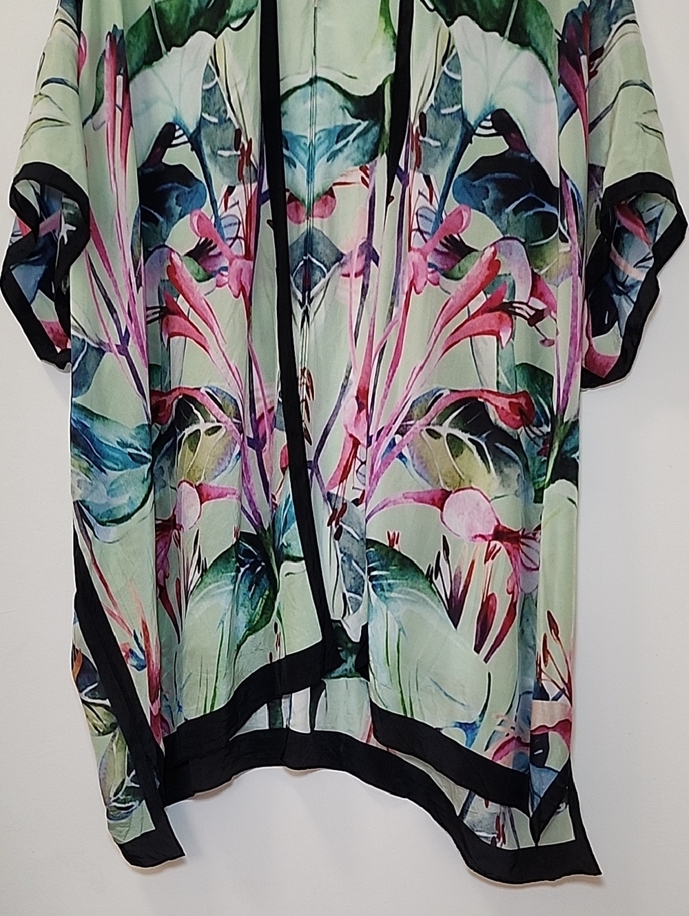 Soft Surroundings Emerald Isle silk topper tropical-themed open-front kimono S/M - Picture 10 of 16
